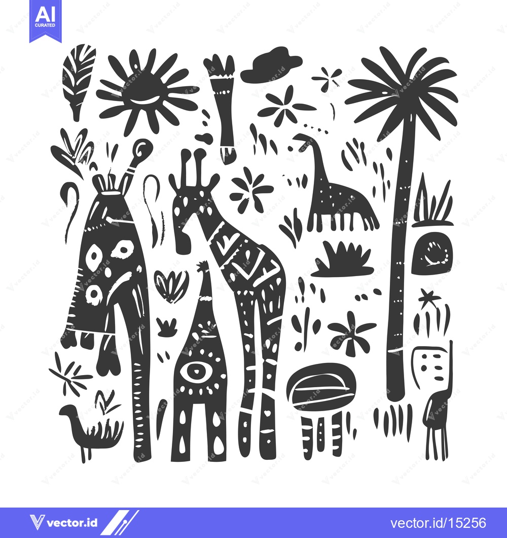 Premium Vector dari A Hand-Drawn Black and White Illustration of Giraffes, Animals, and Pl