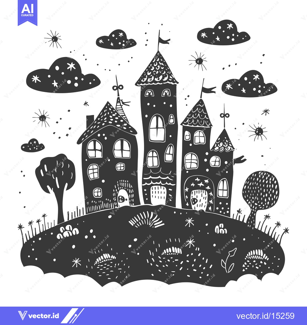 Premium Vector dari A Hand-Drawn Black and White Illustration of a Fantasy Village with Th