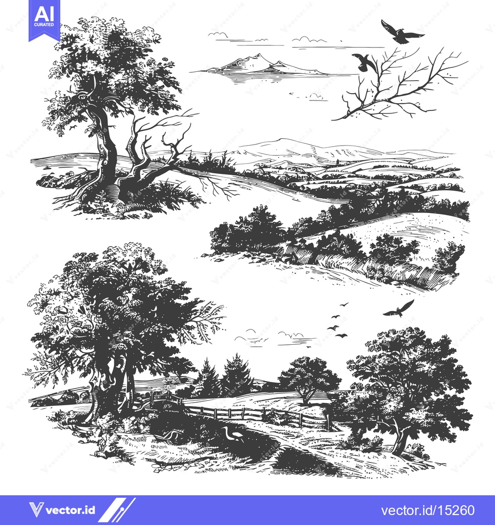 Premium Vector dari A Hand-Drawn Black and White Sketch of a Rural Landscape with Trees, B