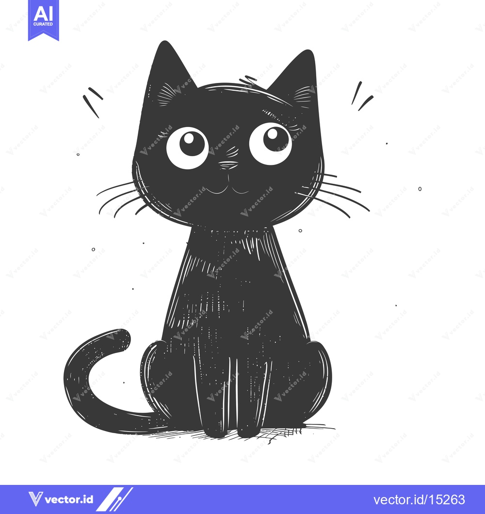 Premium Vector of A Hand-Drawn Black Cat with Big Eyes and a Happy Expression