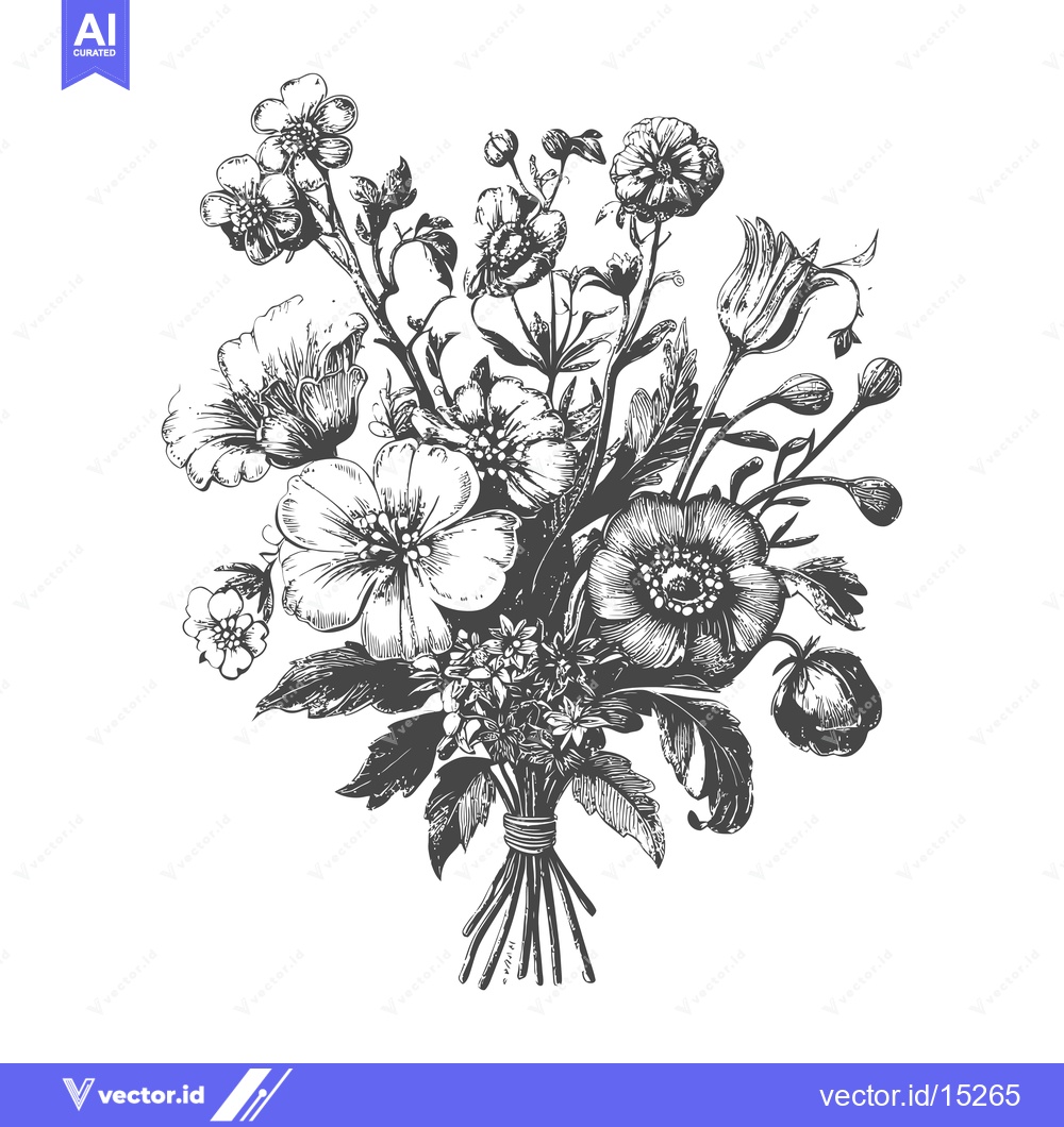 Premium Vector dari A Hand-Drawn Bouquet of Black and White Flowers