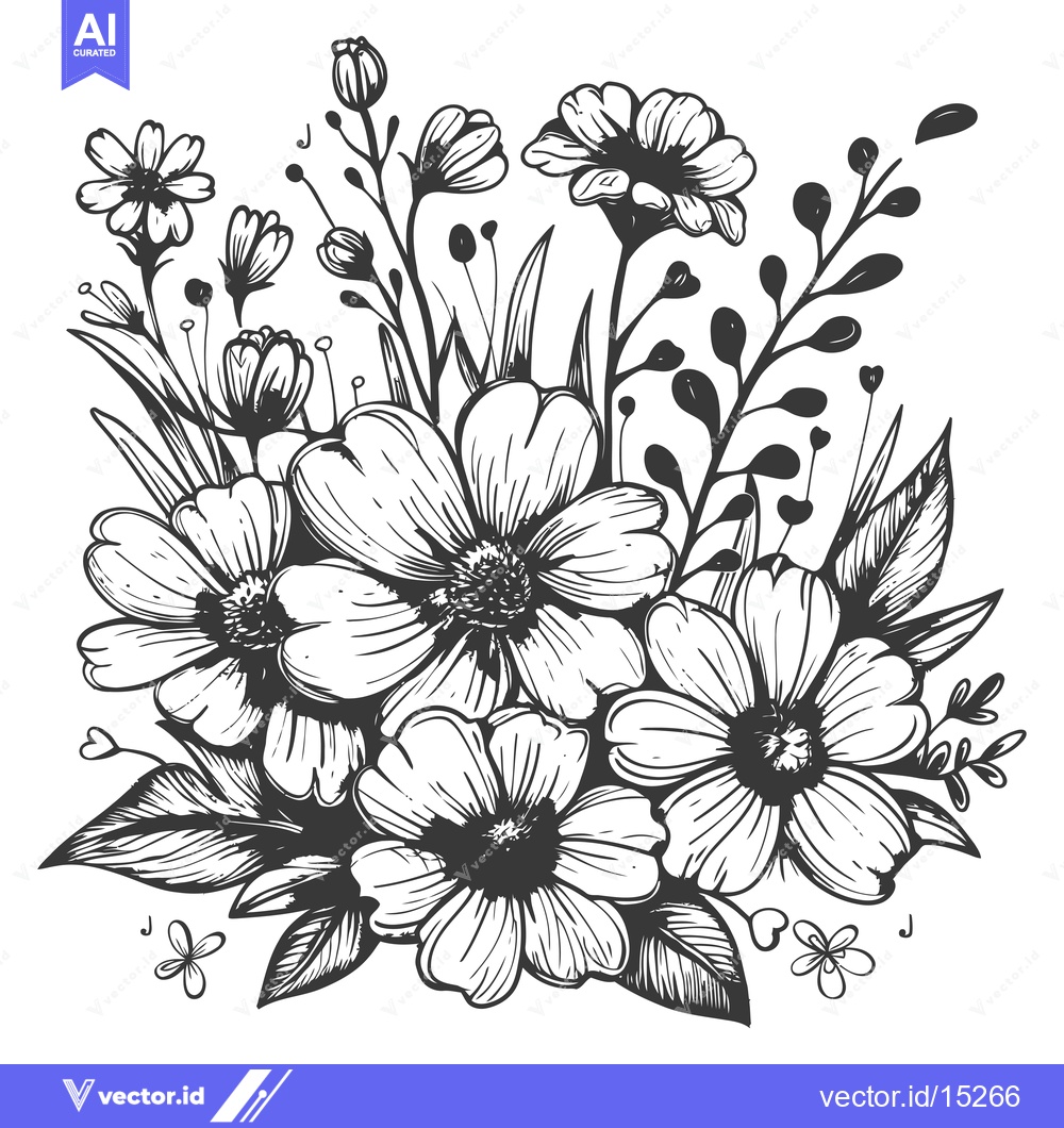 Premium Vector of A Hand-Drawn Bouquet of Black and White Flowers and Foliage