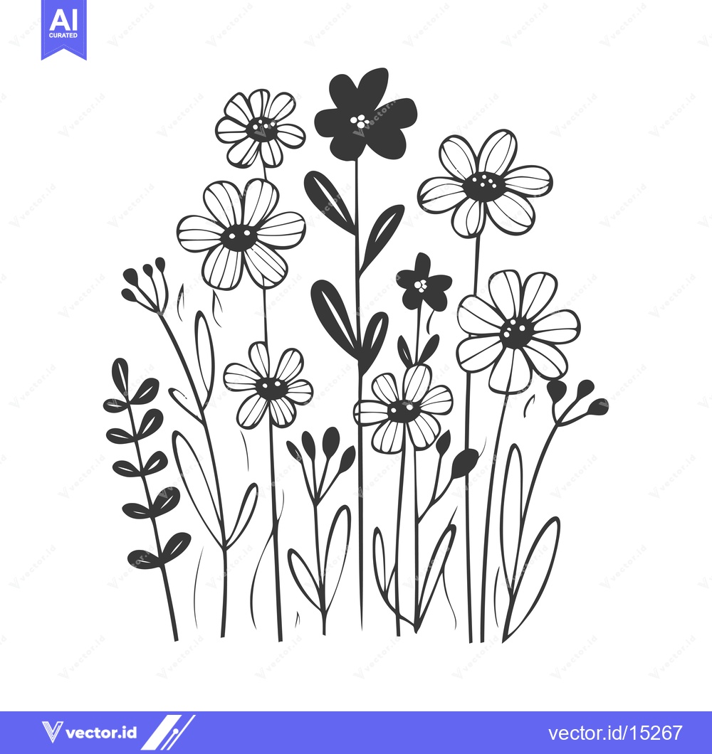Premium Vector of A Hand-Drawn Bouquet of Black and White Flowers and Leaves