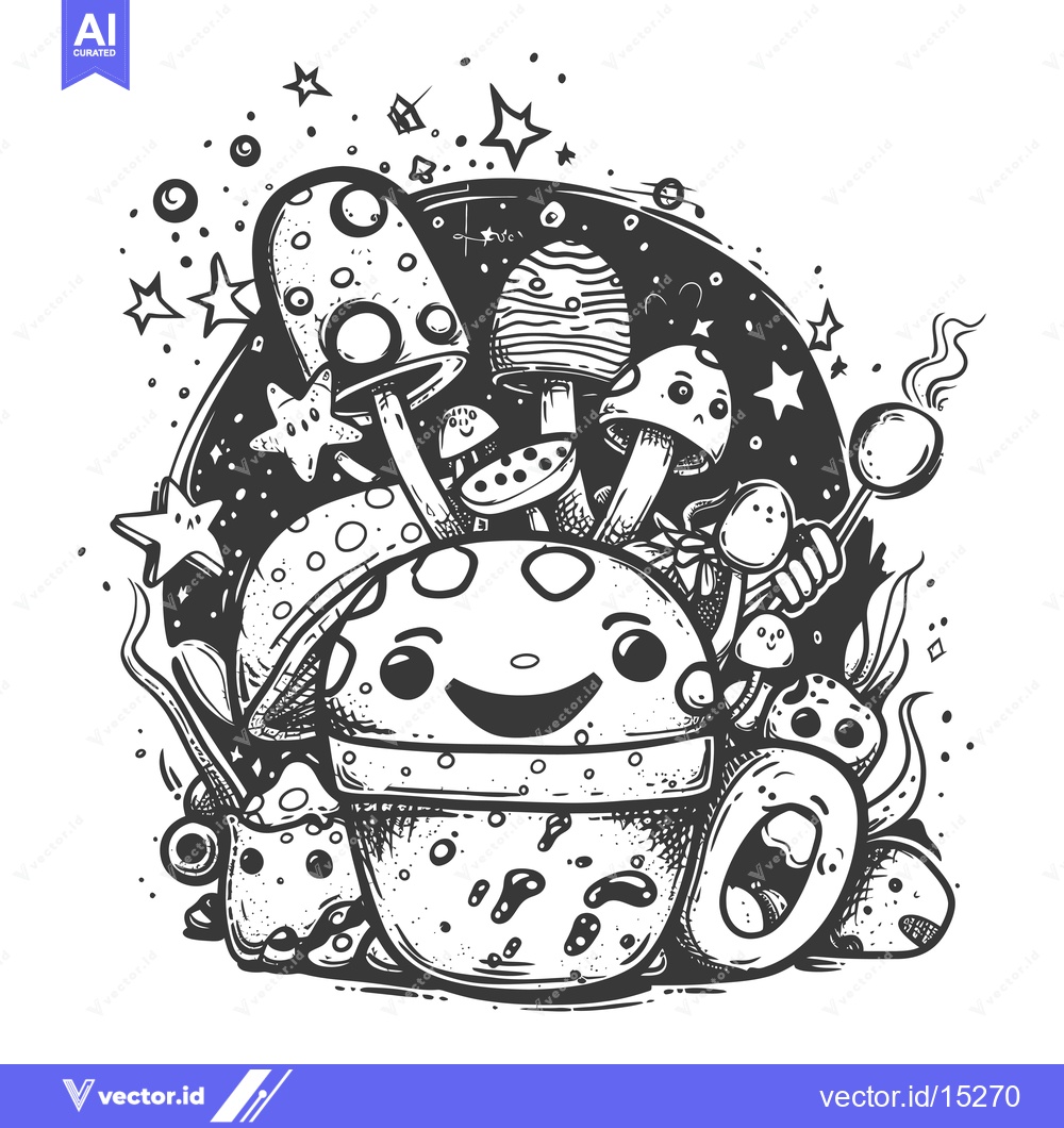 Premium Vector dari A Hand-Drawn Cartoon Illustration of a Smiling Mushroom with Other Mus