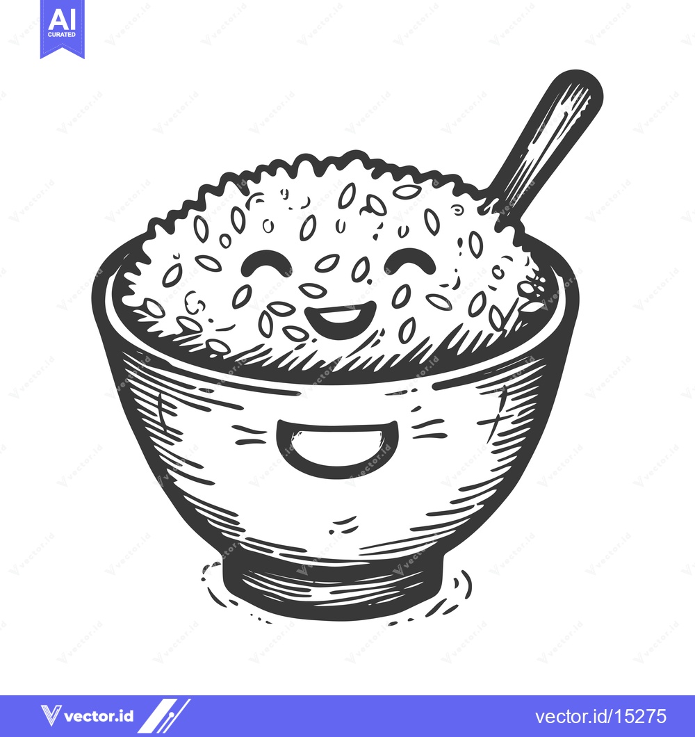 Premium Vector dari A Hand-Drawn Cartoon of a Smiling Bowl of Rice with a Spoon