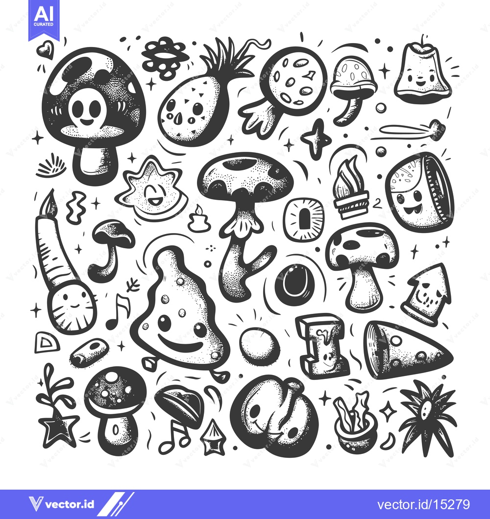 Premium Vector dari A Hand-Drawn Collection of Cute Cartoon Mushrooms and Other Fantasy El