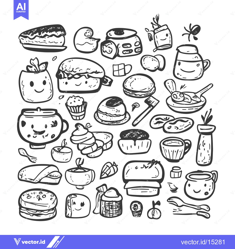 Premium Vector of A Hand-Drawn Collection of Cute Food and Drink Items with Smiley Faces