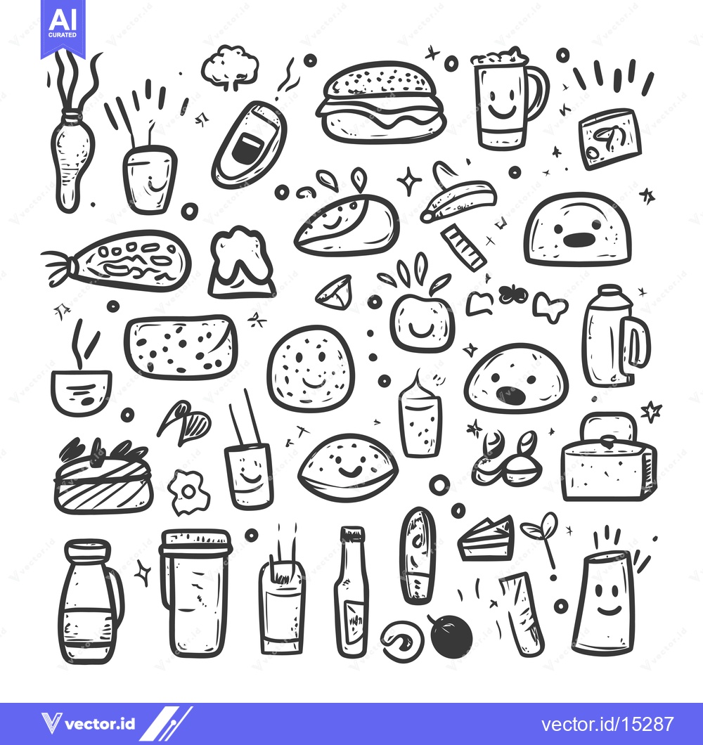 Premium Vector of A Hand-Drawn Collection of Food and Drink Items with Smiling Faces