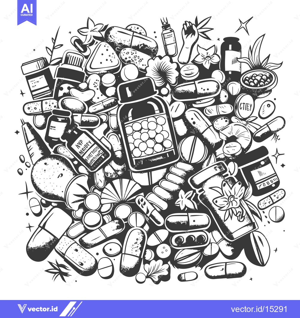 Premium Vector dari A Hand-Drawn Collection of Pills, Capsules, Bottles, and Herbal Supple
