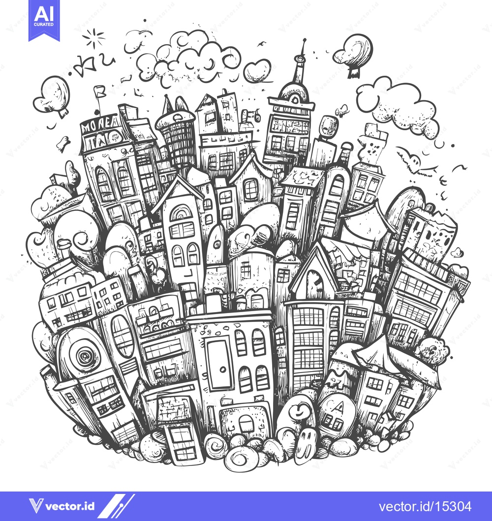 Premium Vector dari A Hand-Drawn Doodle of a Cityscape with Buildings, Clouds, and Birds