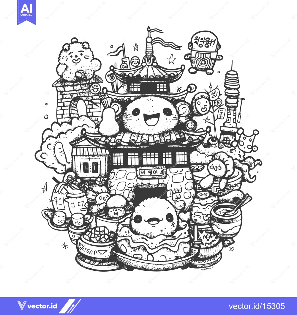 Premium Vector of A Hand-Drawn Doodle of a Korean-Themed Cityscape with Cute Characters