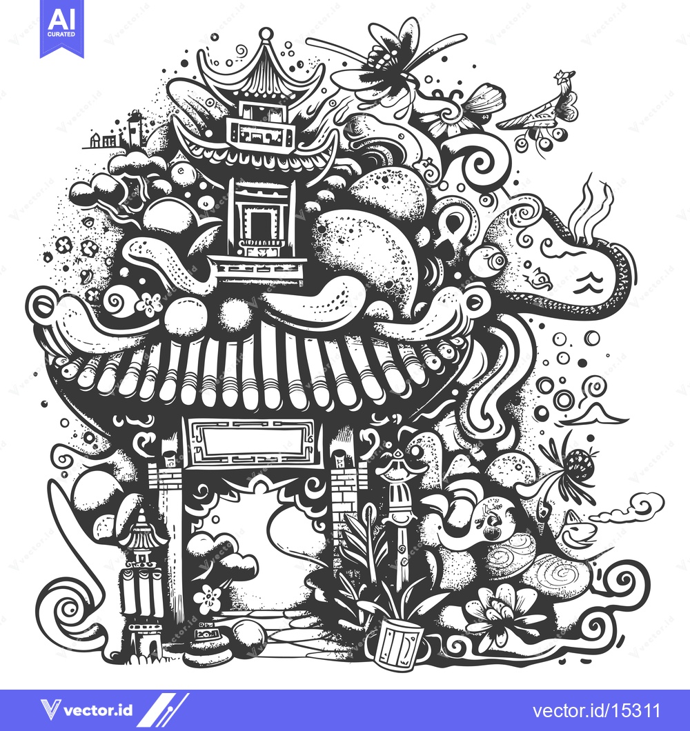Premium Vector dari A Hand-Drawn Illustration Featuring a Chinese Pagoda Gateway and Surro