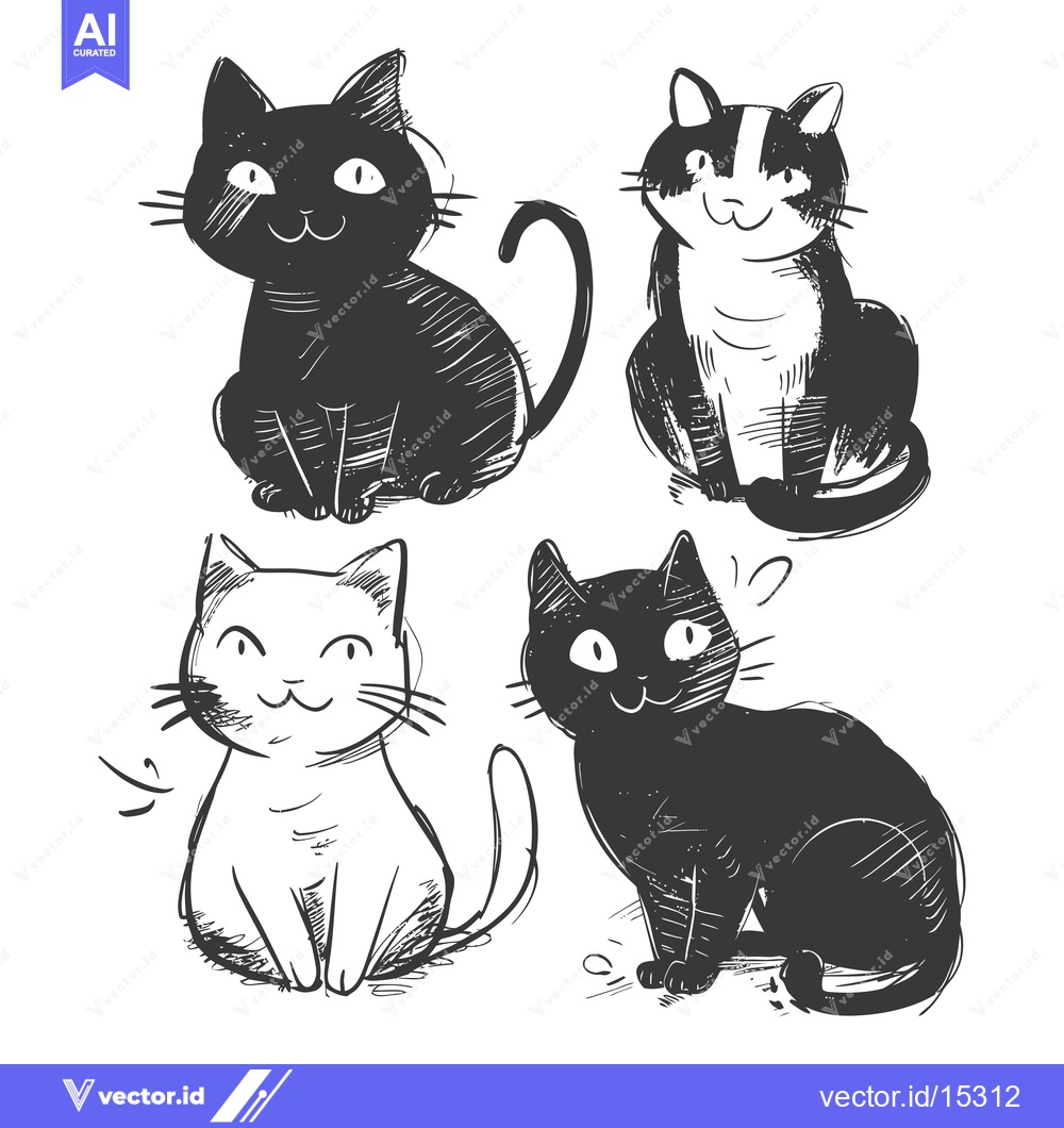 Premium Vector dari A Hand-Drawn Illustration Featuring Four Adorable Cats in Sitting Pose
