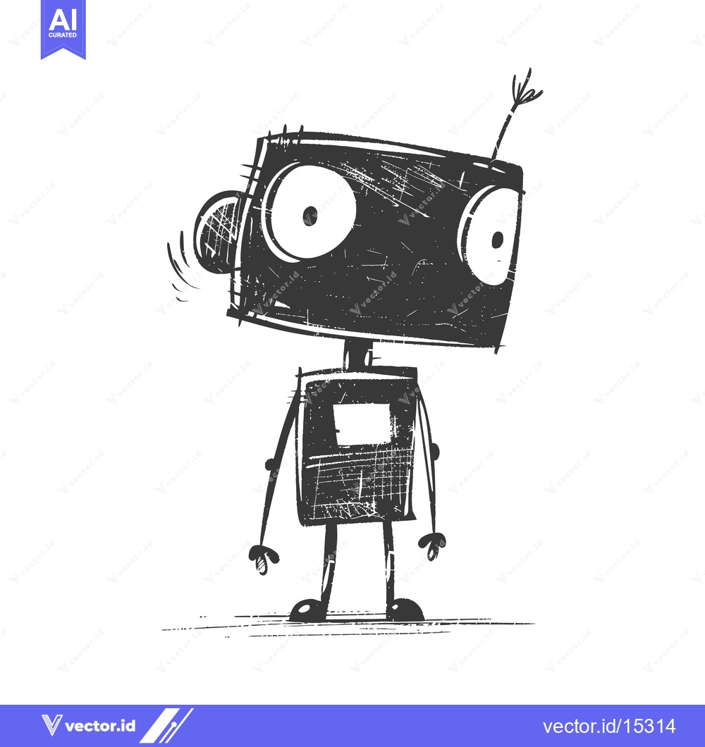 Premium Vector dari A hand-drawn illustration of a black robot with a large head and wide