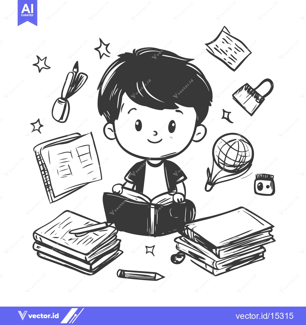 Premium Vector of A Hand-Drawn Illustration of a Boy Reading with School Supplies Around