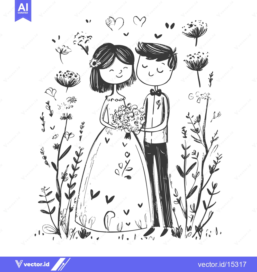 Premium Vector of A Hand-Drawn Illustration of a Bride and Groom in a Floral Setting