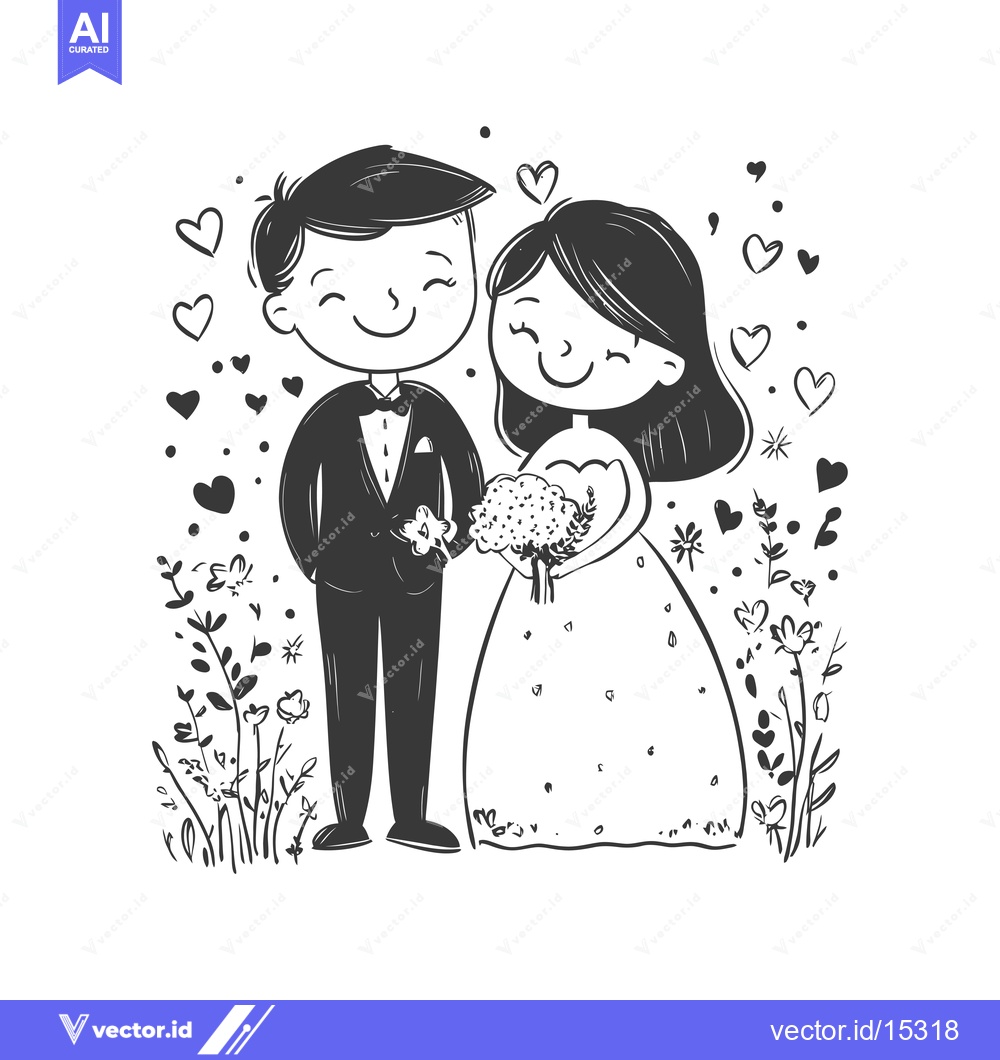 Premium Vector of A Hand-Drawn Illustration of a Bride and Groom with Hearts and Flowers