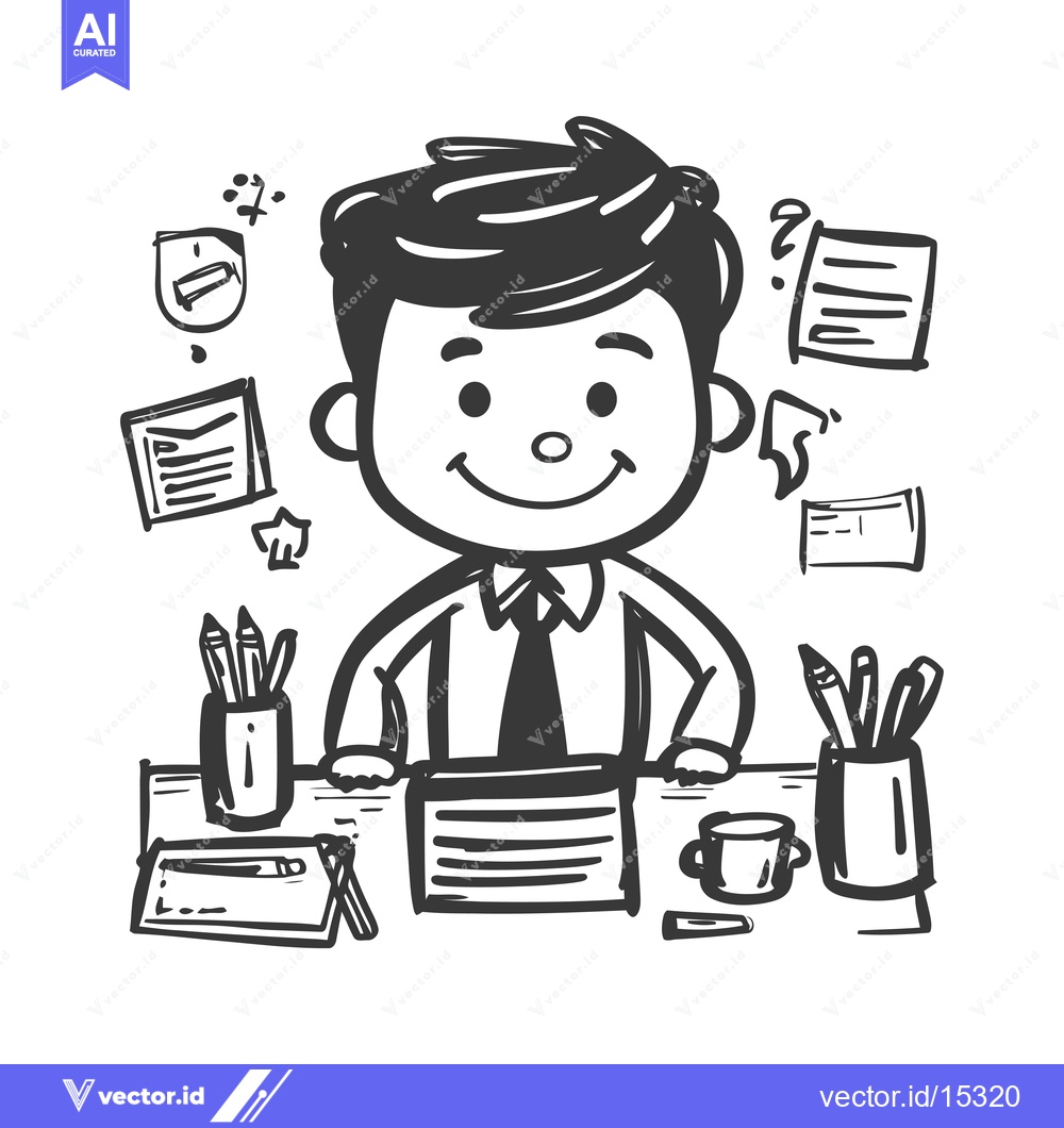 Premium Vector of A Hand-Drawn Illustration of a Businessman at His Desk with Papers, Pe