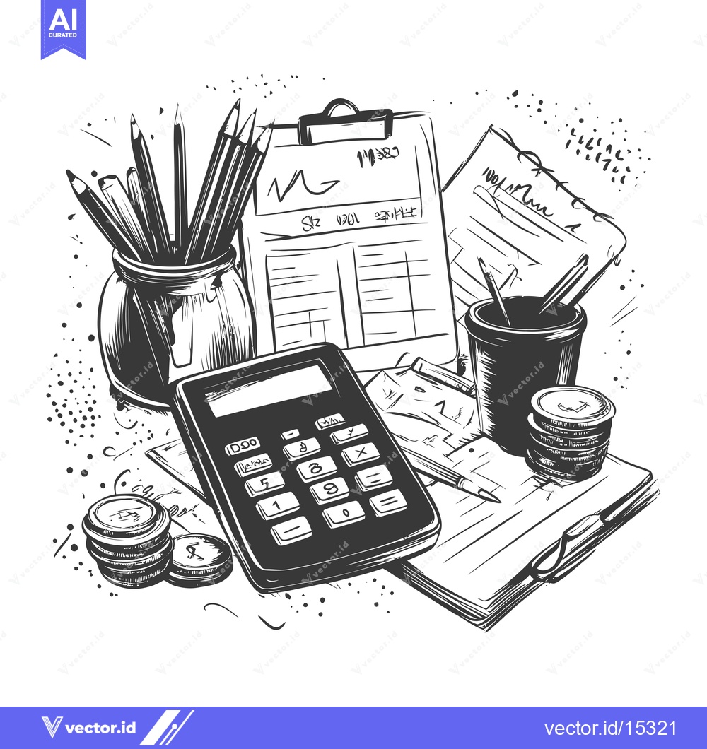 Premium Vector of A Hand-Drawn Illustration of a Calculator, Pencils, a Clipboard, a Not