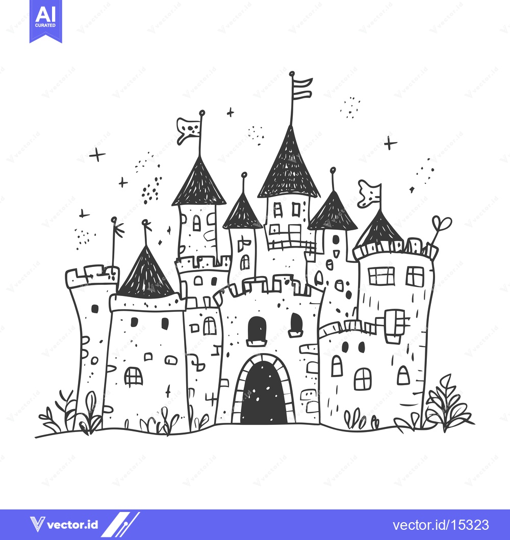 Premium Vector dari A Hand-Drawn Illustration of a Cartoon Castle with Flags and Plants