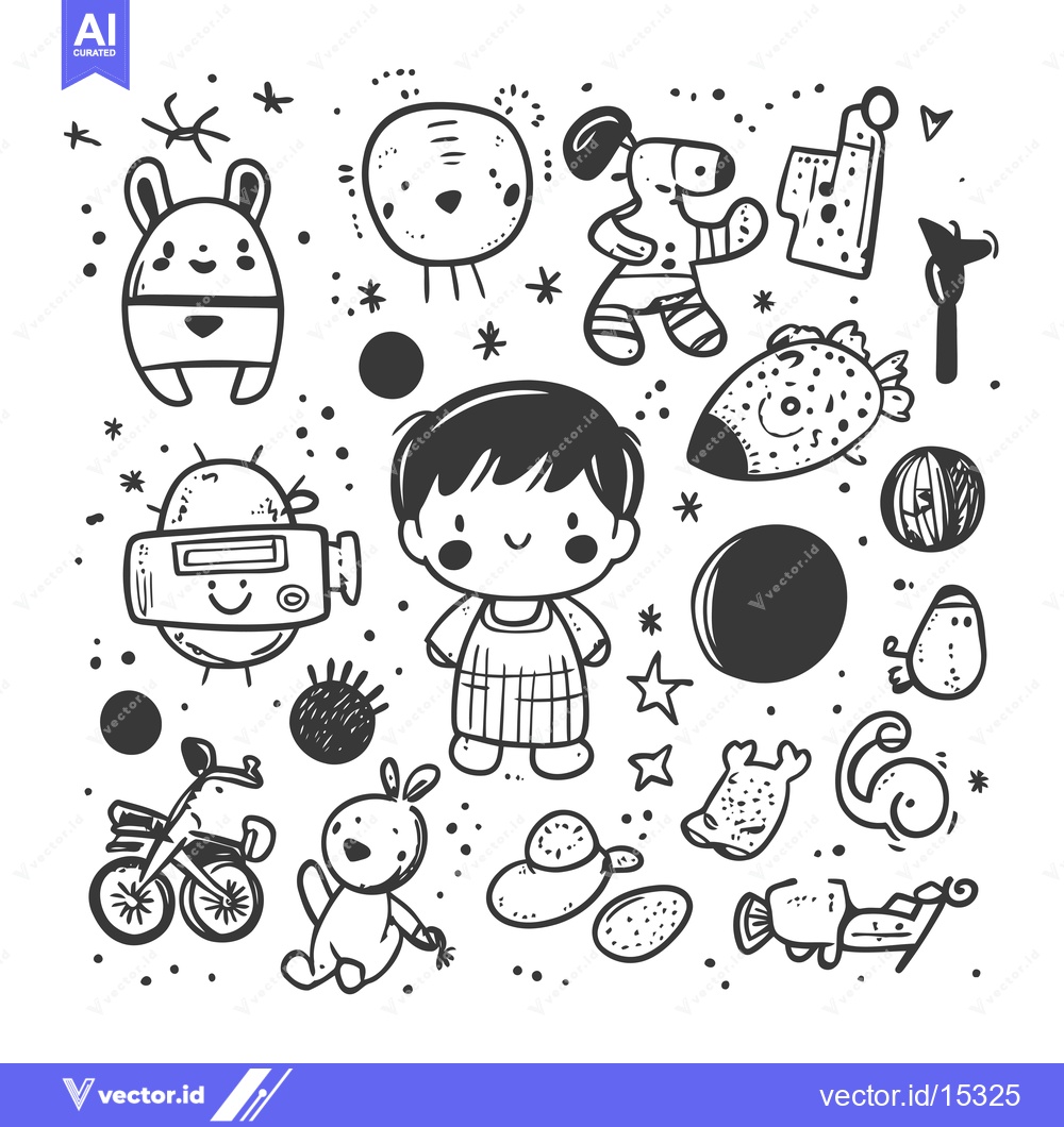 Premium Vector dari A Hand-Drawn Illustration of a Child and Various Objects Surrounded by
