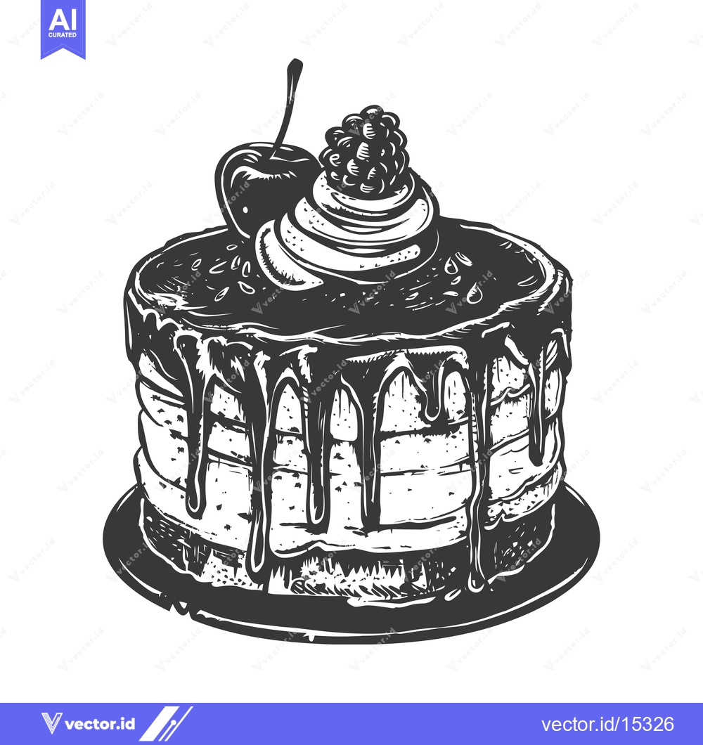 Premium Vector dari A Hand-Drawn Illustration of a Chocolate Cake with Cherry and Blackber