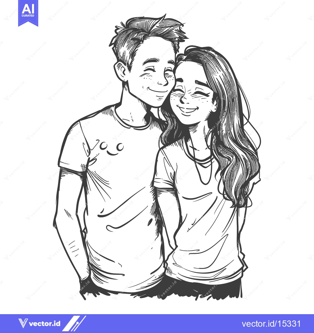 Premium Vector dari A hand-drawn illustration of a couple in love, smiling and embracing.