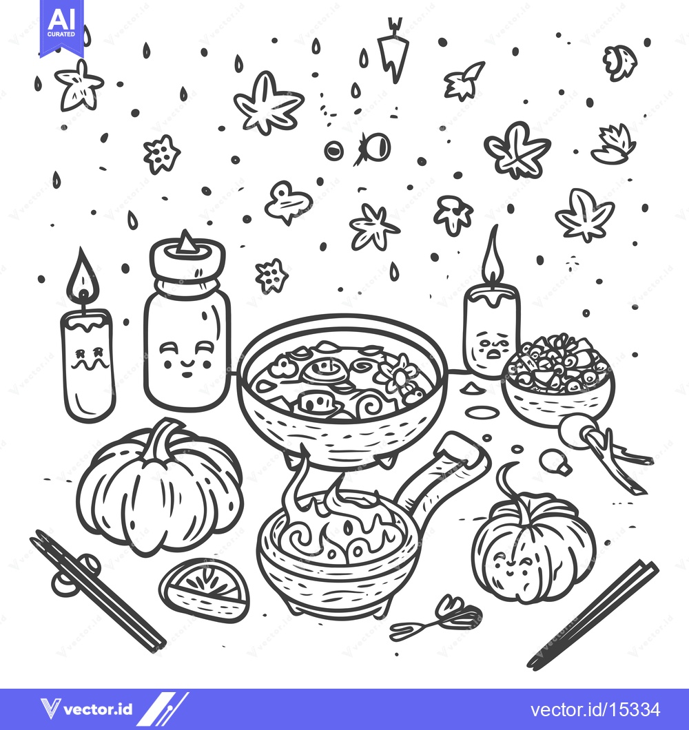 Premium Vector dari A Hand-Drawn Illustration of a Cozy Fall Scene with Pumpkins, Candles,