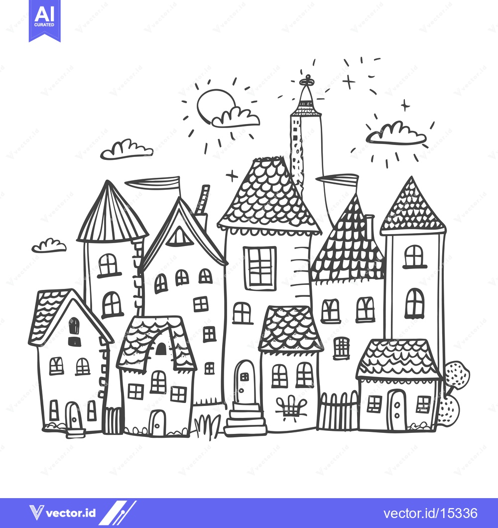 Premium Vector of A Hand-Drawn Illustration of a Cute Little Town with Houses, a Sun, an