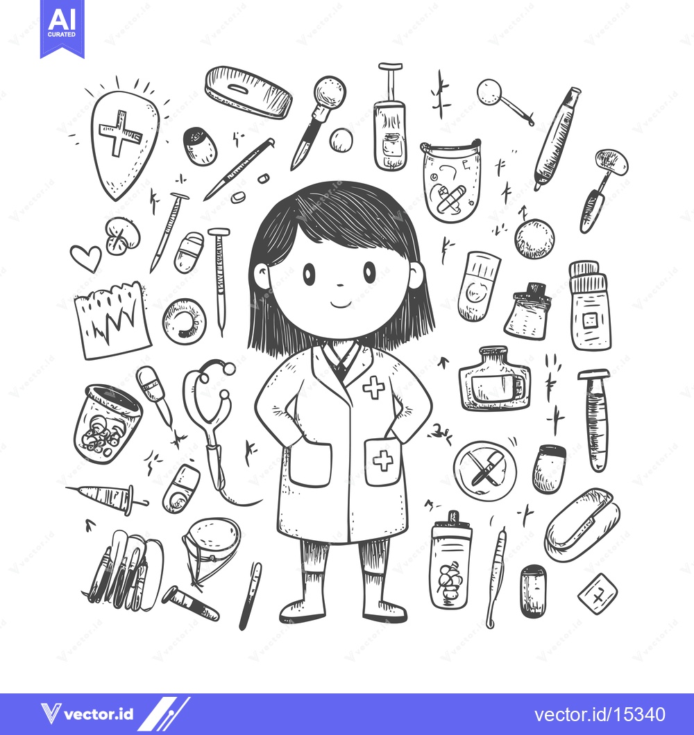 Premium Vector dari A Hand-Drawn Illustration of a Female Doctor Surrounded by Medical Sup