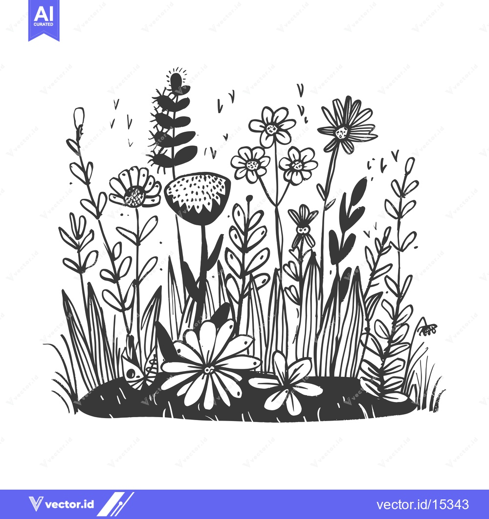 Premium Vector dari A Hand-Drawn Illustration of a Flower Patch with Black Ink