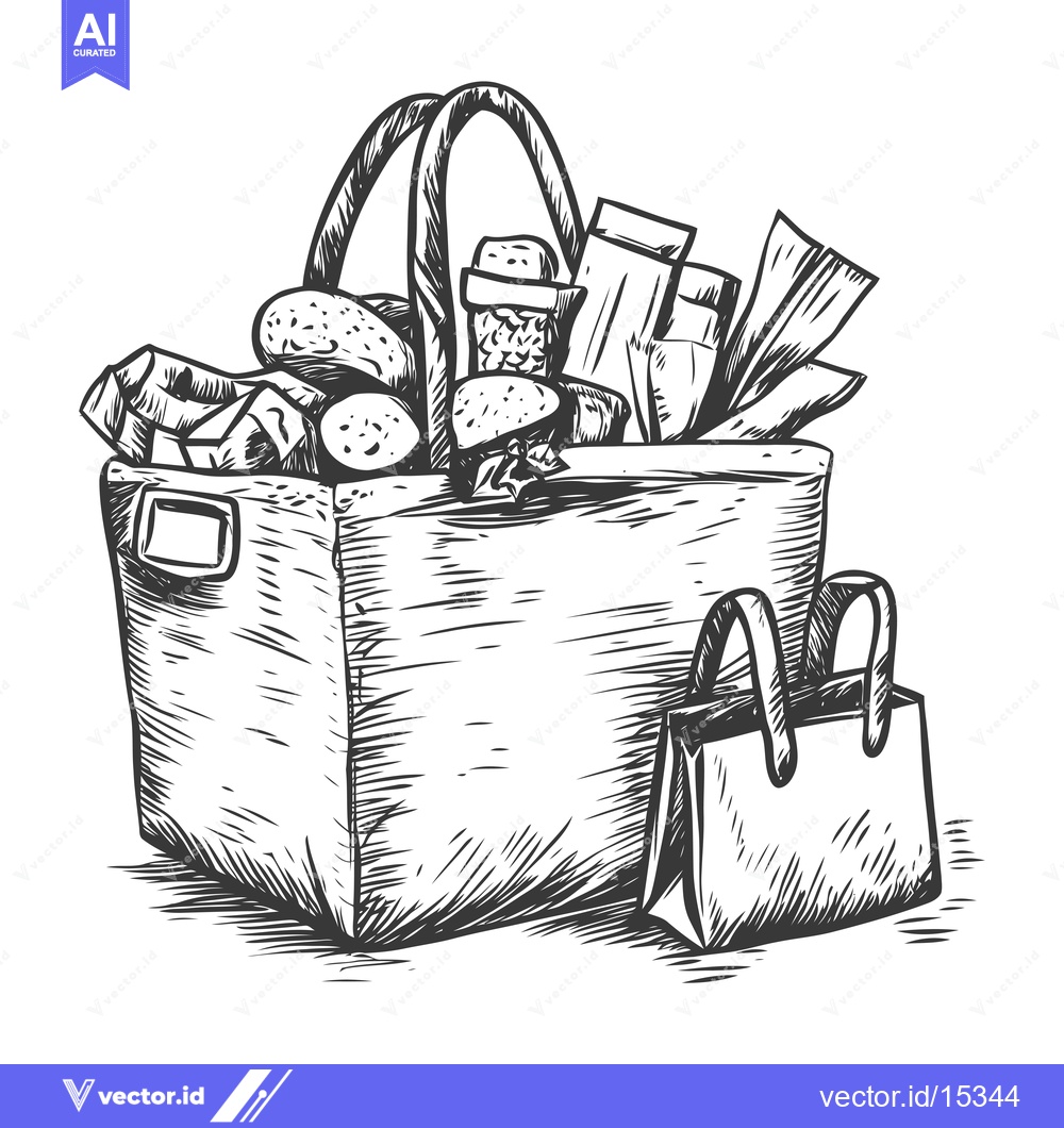 Premium Vector dari A Hand-Drawn Illustration of a Full Shopping Bag with Groceries