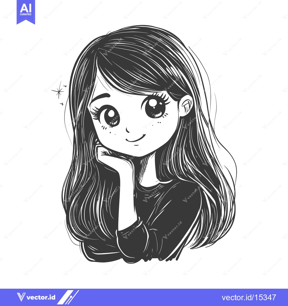 Premium Vector dari A Hand-Drawn Illustration of a Girl with Long Hair and Large Eyes