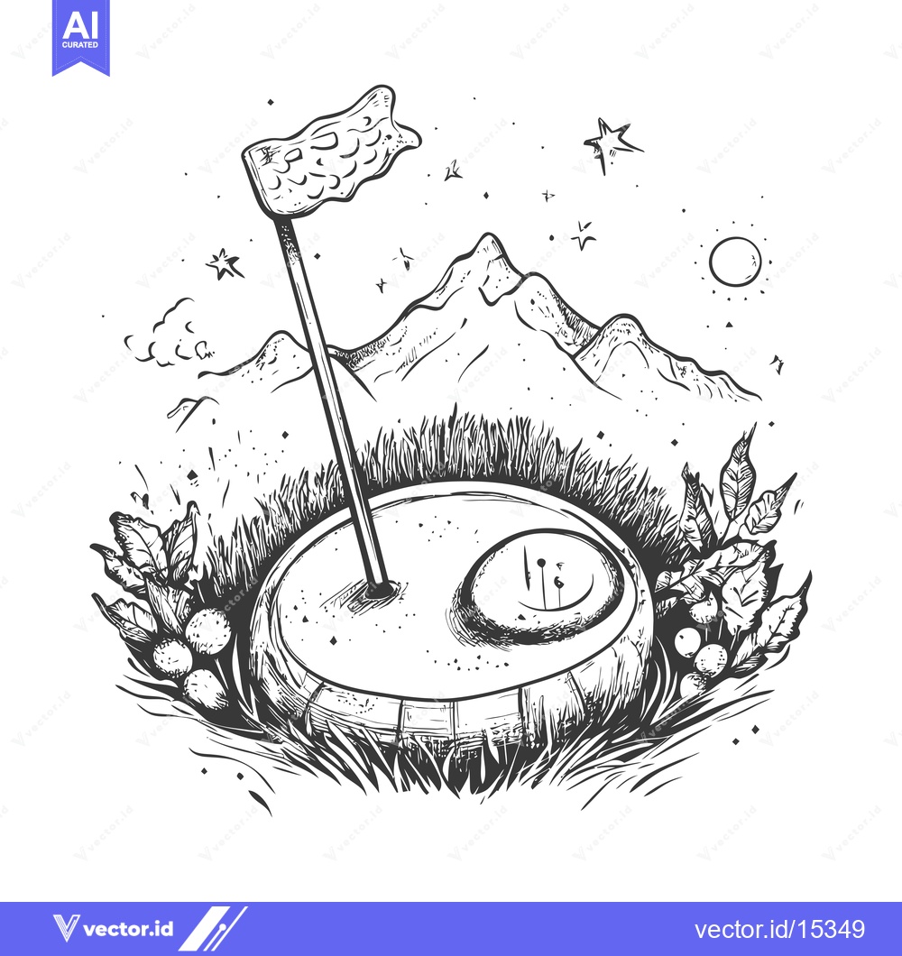 Premium Vector dari A Hand-Drawn Illustration of a Golf Course Hole with a Flag and Surrou