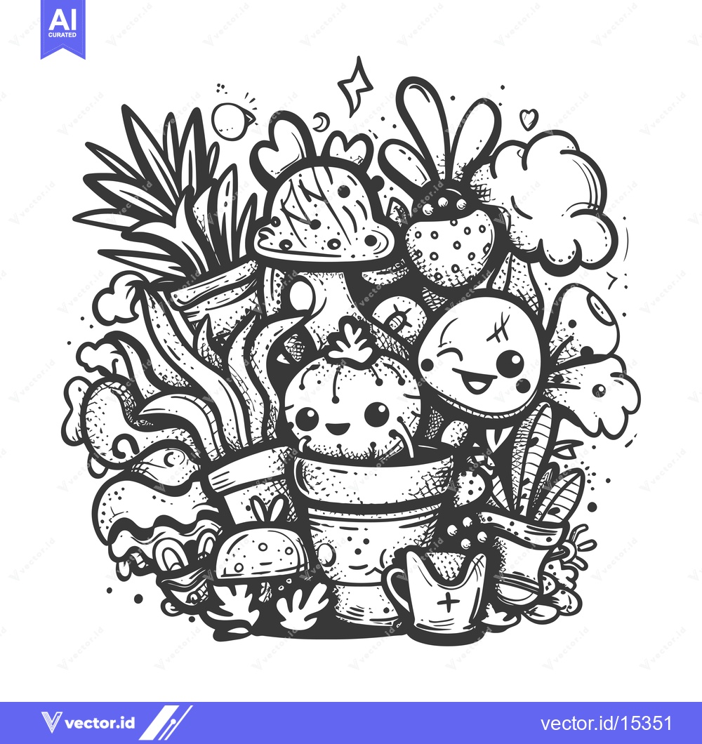 Premium Vector of A Hand-Drawn Illustration of a Group of Cute Cartoon Plants in Pots