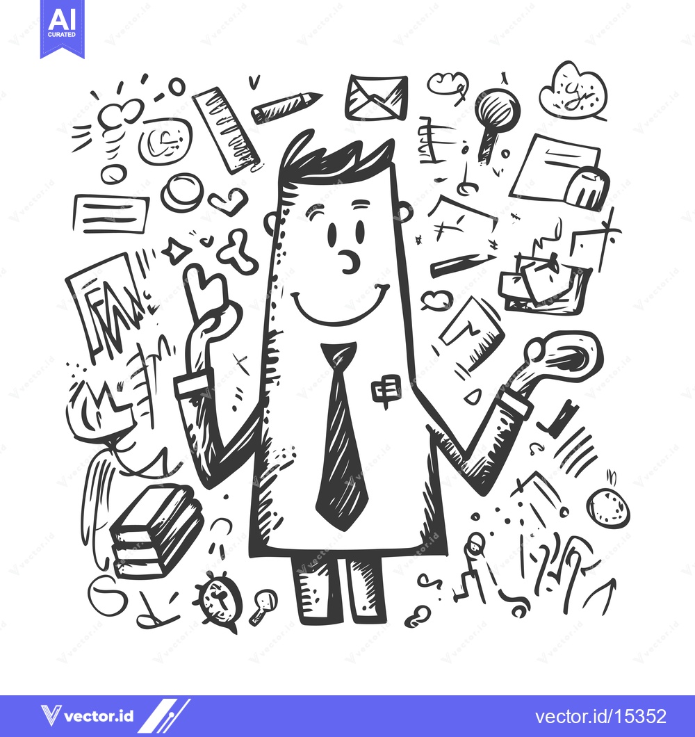 Premium Vector dari A Hand-Drawn Illustration of a Happy Businessman Surrounded by Office