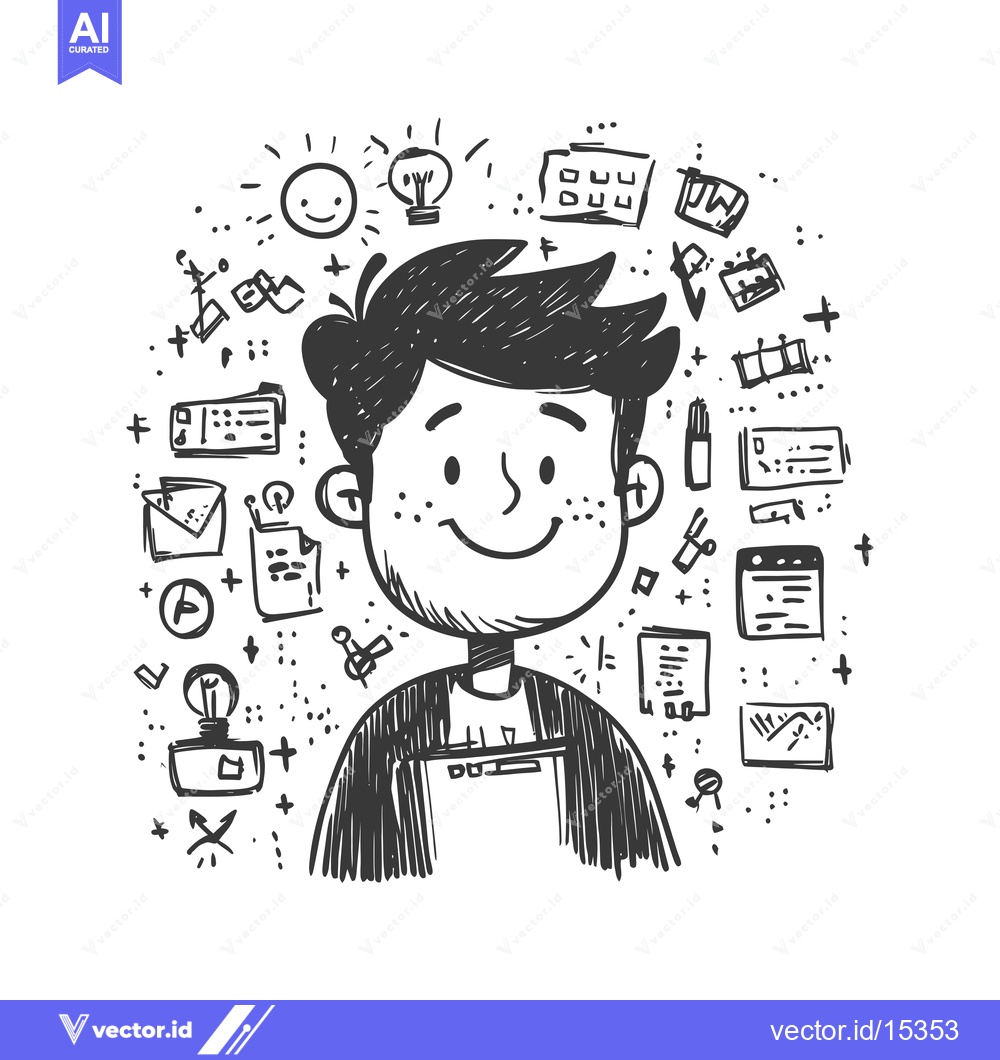 Premium Vector of A Hand-Drawn Illustration of a Happy Person Surrounded by Creative Ide