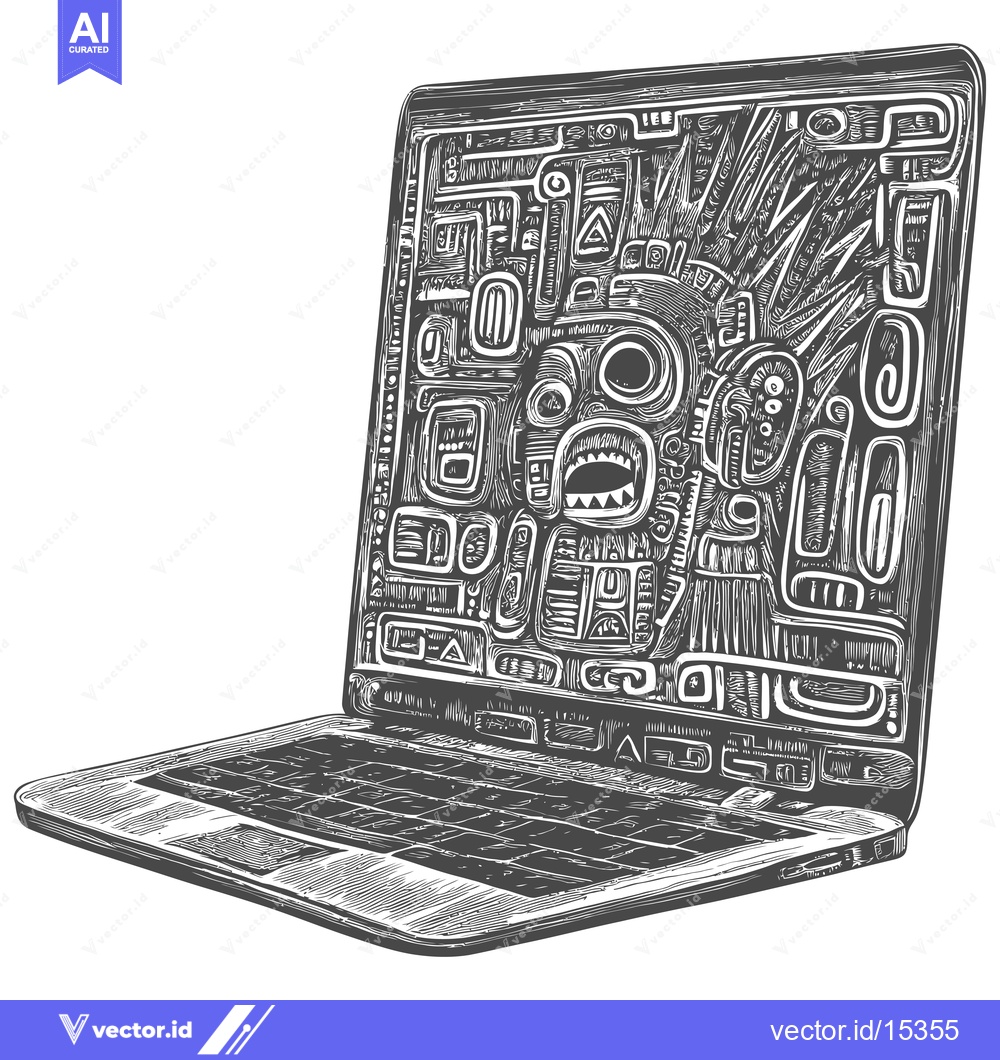 Premium Vector dari A hand-drawn illustration of a laptop with a strange and abstract desi