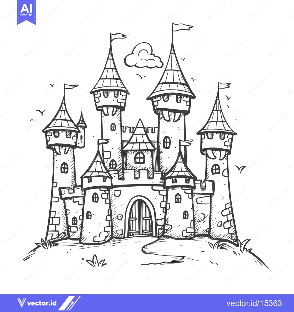Premium Vector dari A Hand-Drawn Illustration of a Medieval Castle with Towers and Flags