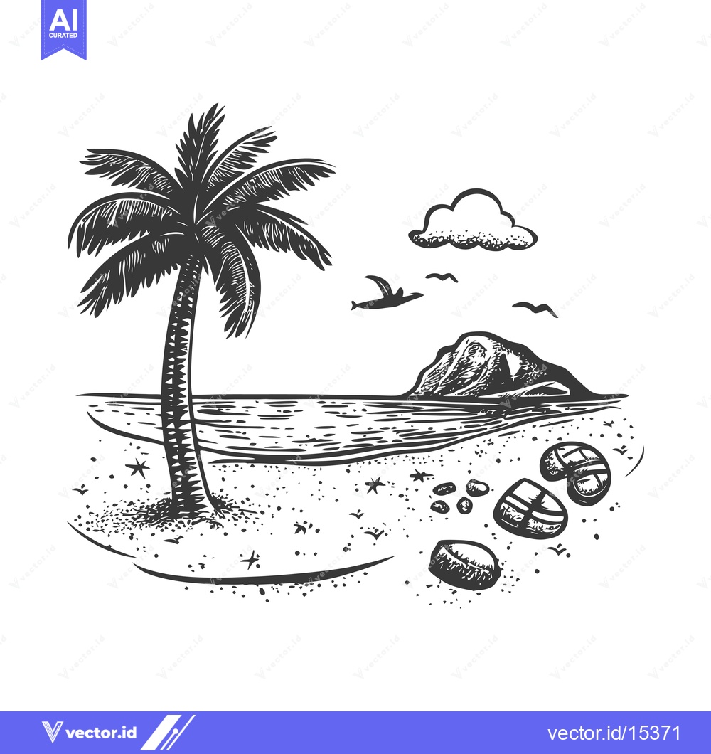 Premium Vector dari A Hand-Drawn Illustration of a Palm Tree on a Beach with Mountains, Se