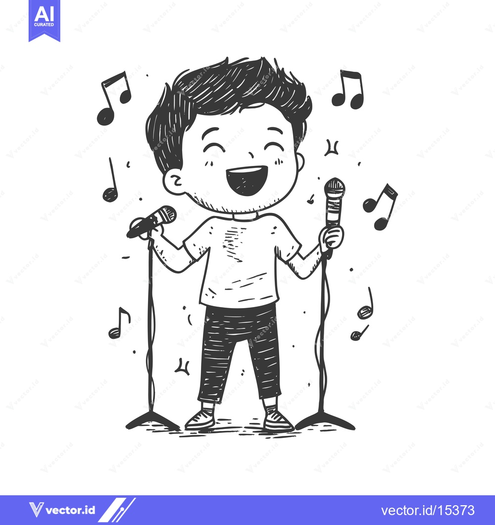Premium Vector of A Hand-Drawn Illustration of a Person Singing with a Microphone and Mu