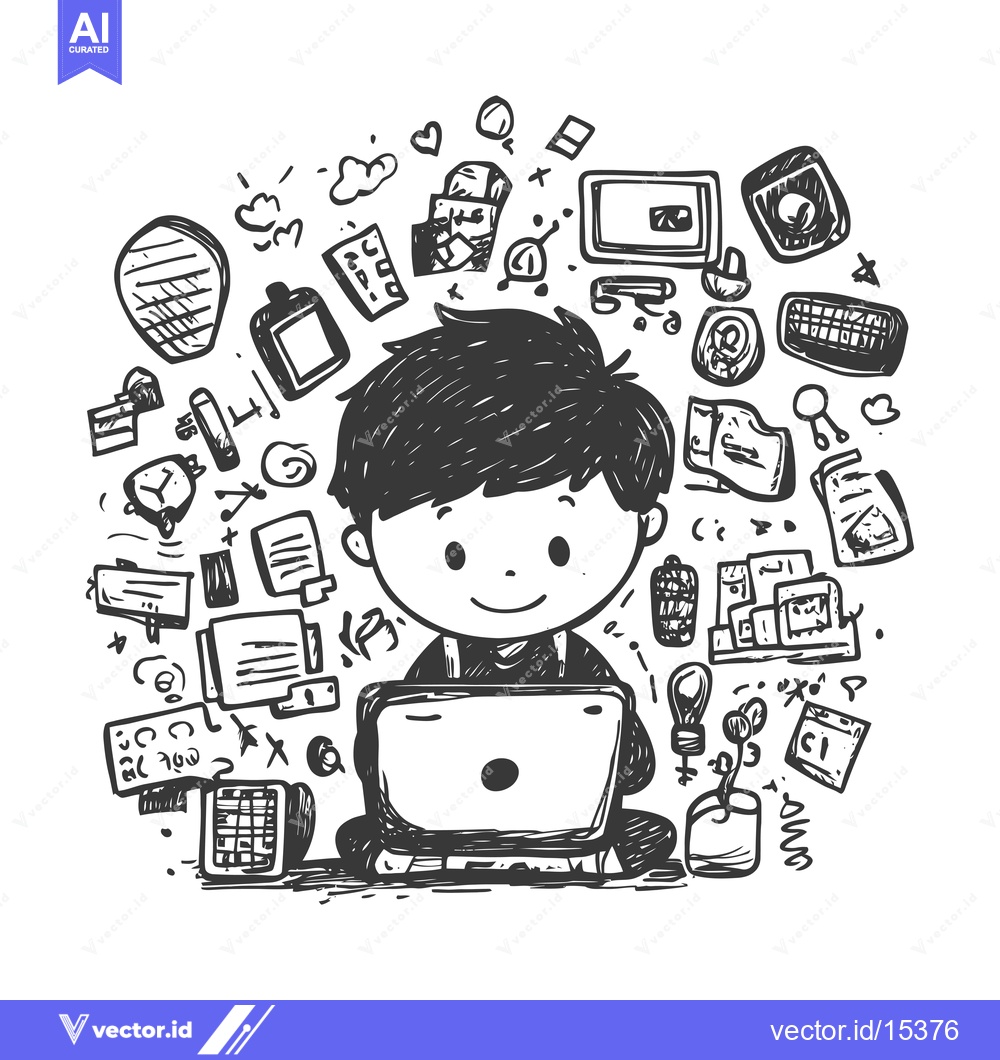 Premium Vector dari A Hand-Drawn Illustration of a Person Working on a Laptop Surrounded b
