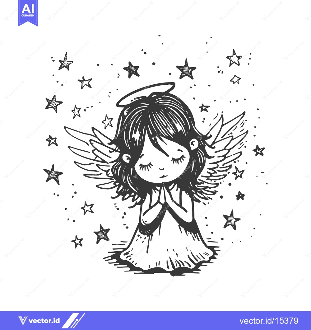 Premium Vector dari A Hand-Drawn Illustration of a Praying Angel with Halo and Wings