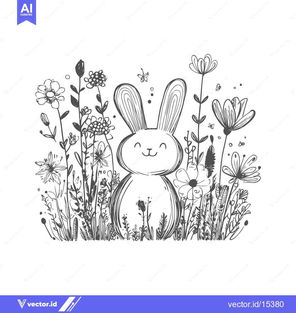 Premium Vector of A Hand-Drawn Illustration of a Rabbit Amidst a Field of Flowers
