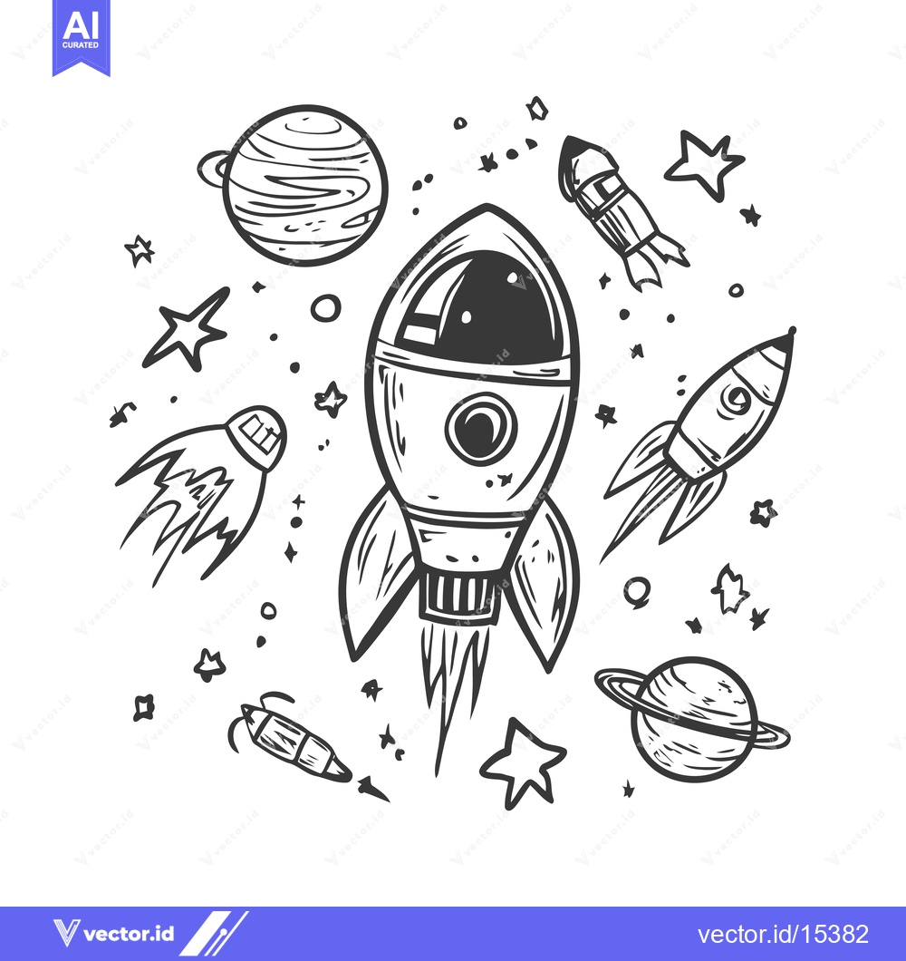 Premium Vector dari A hand-drawn illustration of a rocket, planets, and stars in space