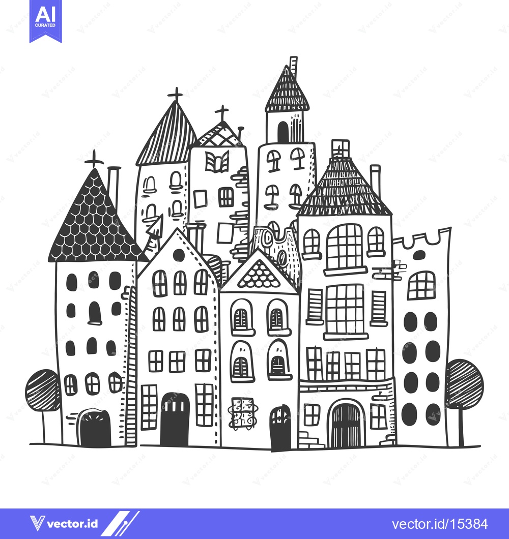 Premium Vector of A Hand-Drawn Illustration of a Row of Houses with Detailed Facades
