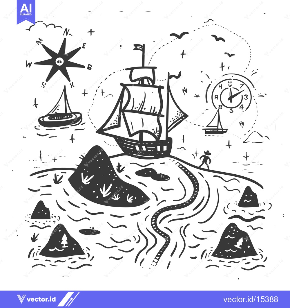 Premium Vector dari A Hand-Drawn Illustration of a Ship Sailing Through a Whimsical Seasca
