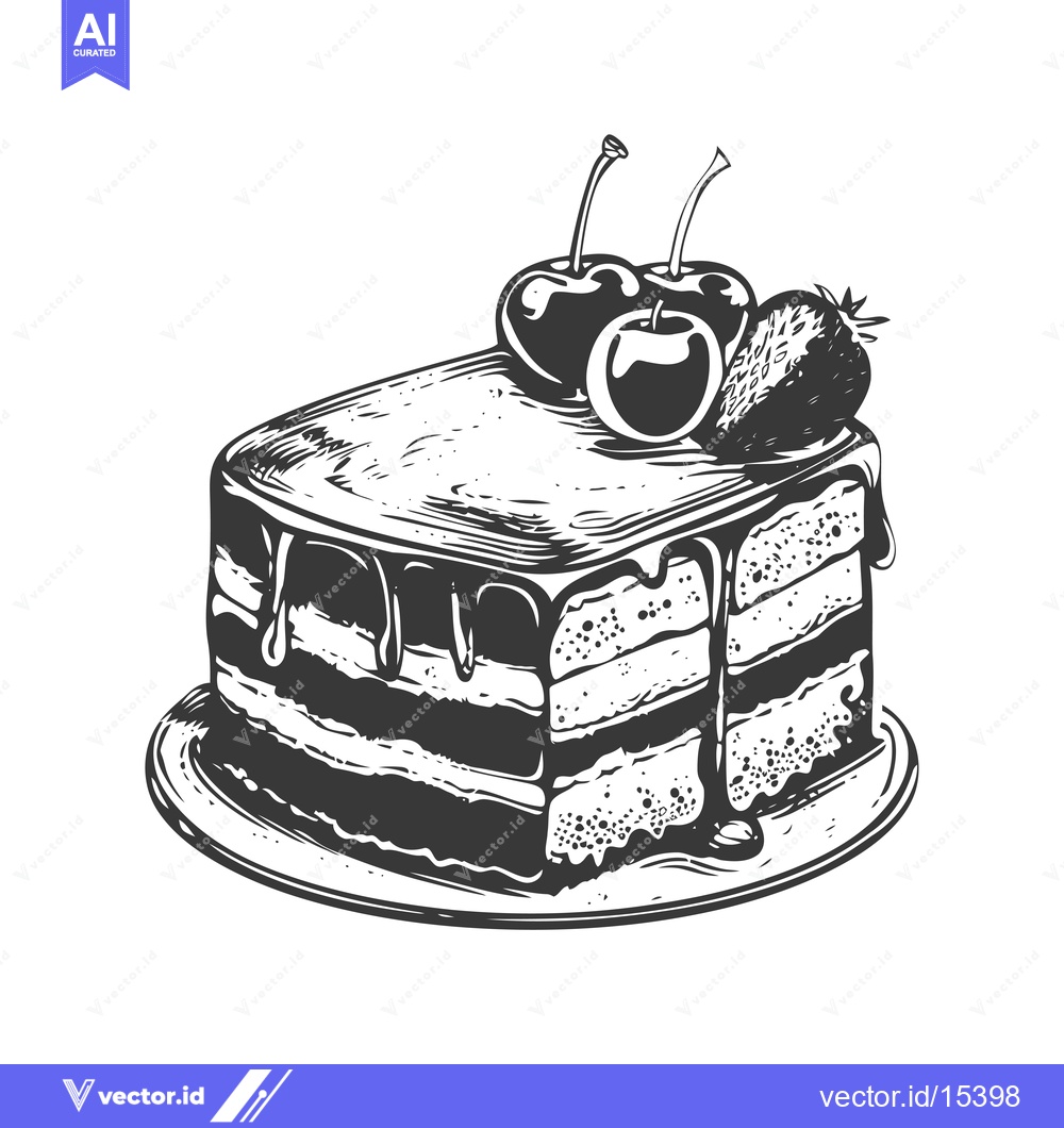 Premium Vector of A Hand-Drawn Illustration of a Slice of Cake with Cherries and a Straw