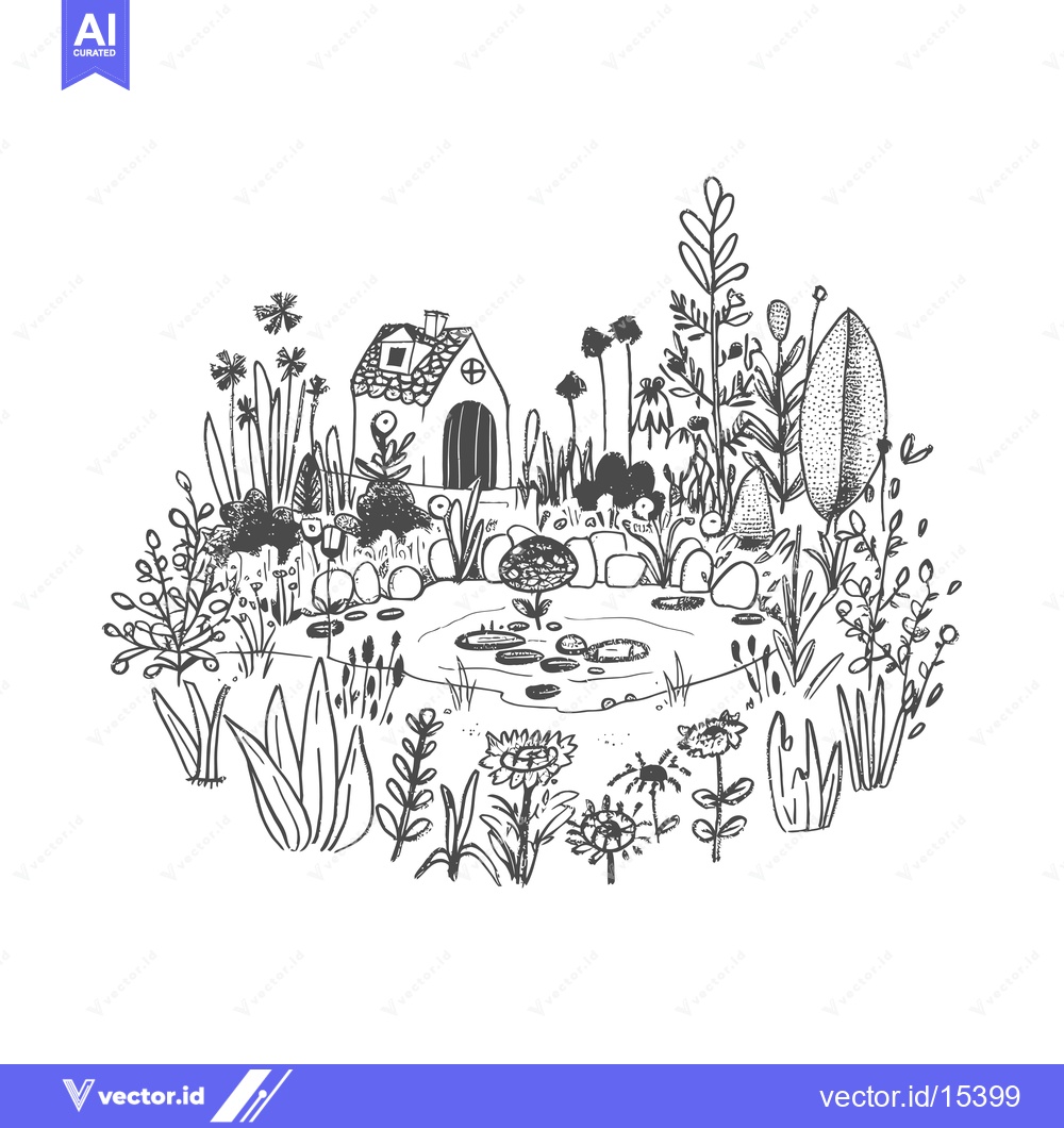 Premium Vector dari A Hand-Drawn Illustration of a Small Cottage Beside a Pond Surrounded