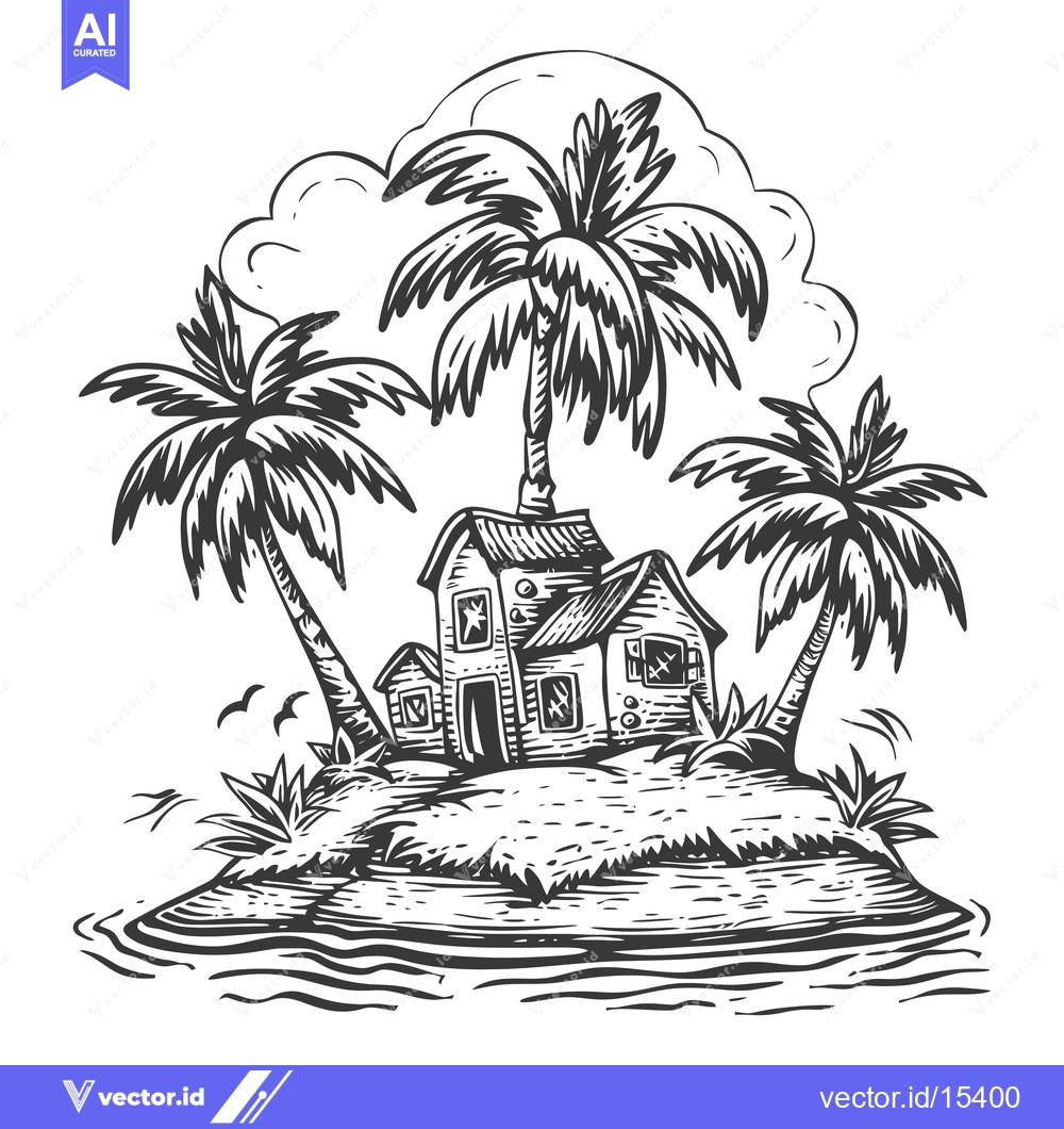 Premium Vector dari A Hand-Drawn Illustration of a Small Island with Palm Trees and a Hous
